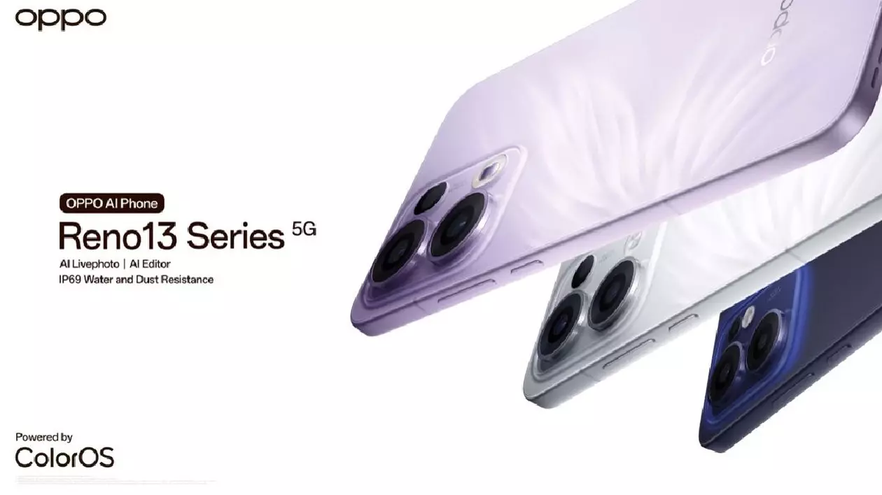 Imagine de prezentare cu noile telefoane Oppo Reno13, de culoare albastră, gri și lila.