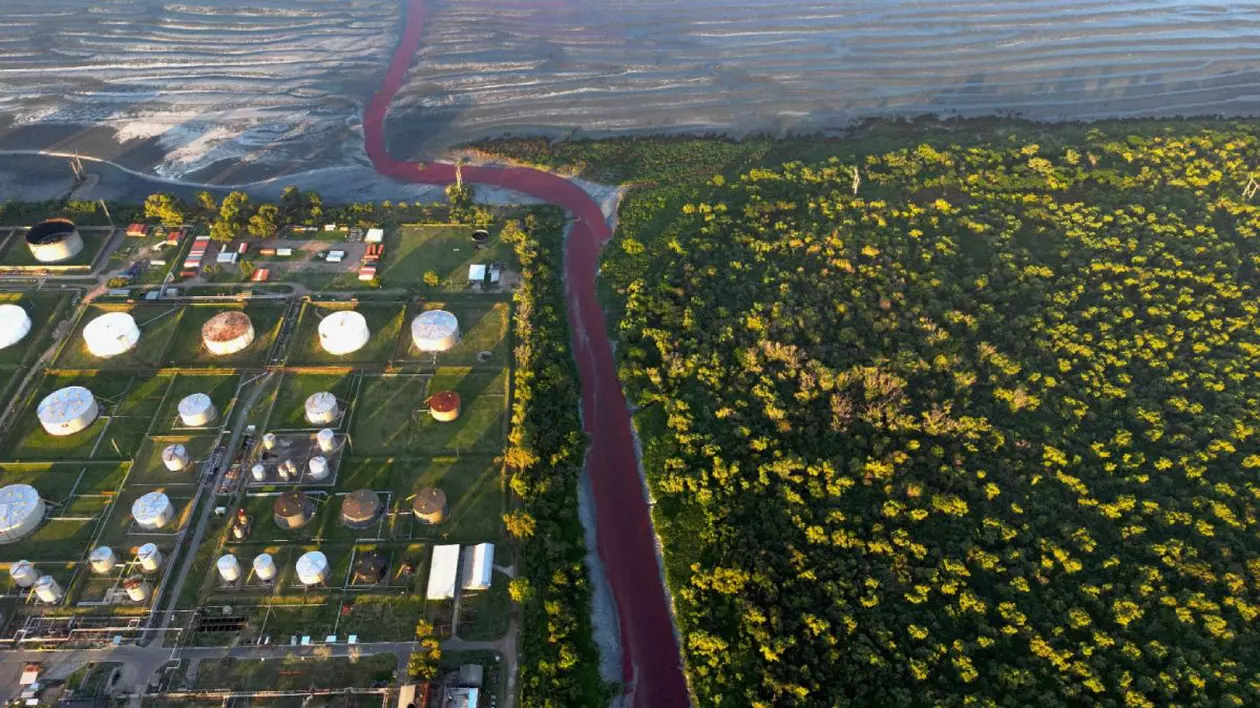 Pârâul Sarandi din Buenos Aires, colorat în roșu intens, 6 ianuarie 2025, Sursă: AFP