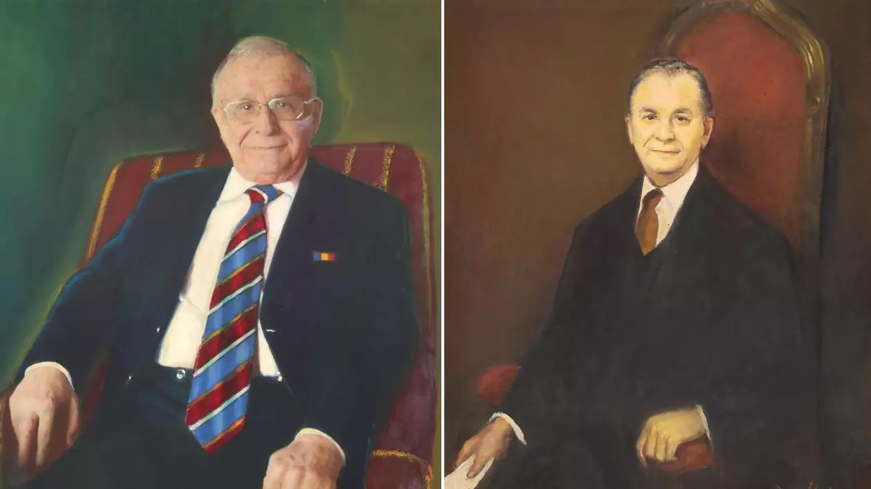 portrete cu Ion Iliescu realizate de Marian Condruz (stânga) și Dan Hatmanu (dreapta) scoase la licitație oe 20 februarie