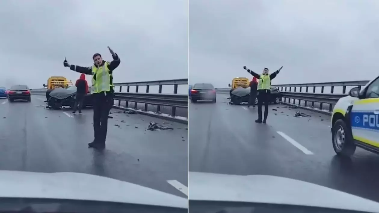 Colaj foto cu un polițist, îmbrăcat în uniformă, care dirijează traficul în zona unui accident pe autostrada A3