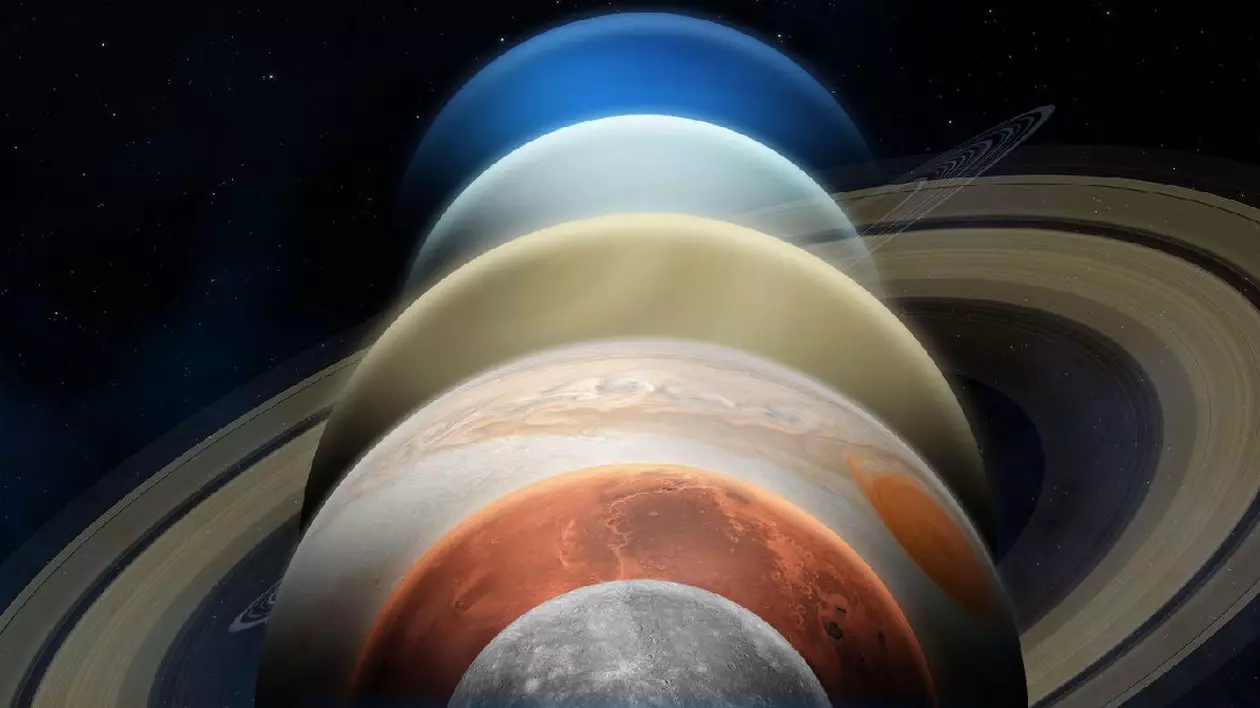 O aliniere planetară, sau o „paradă planetară” vede șase planete - Jupiter, Mercur, Uranus, Marte, Neptun și Saturn. Planete din sistemul solar. Imagini de înaltă rezoluție. Elemente ale acestei imagini furnizate de NASA.
