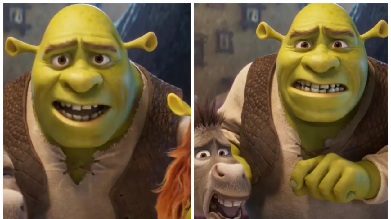 În imagine sunt prezentați măgarul și personajul Shrek