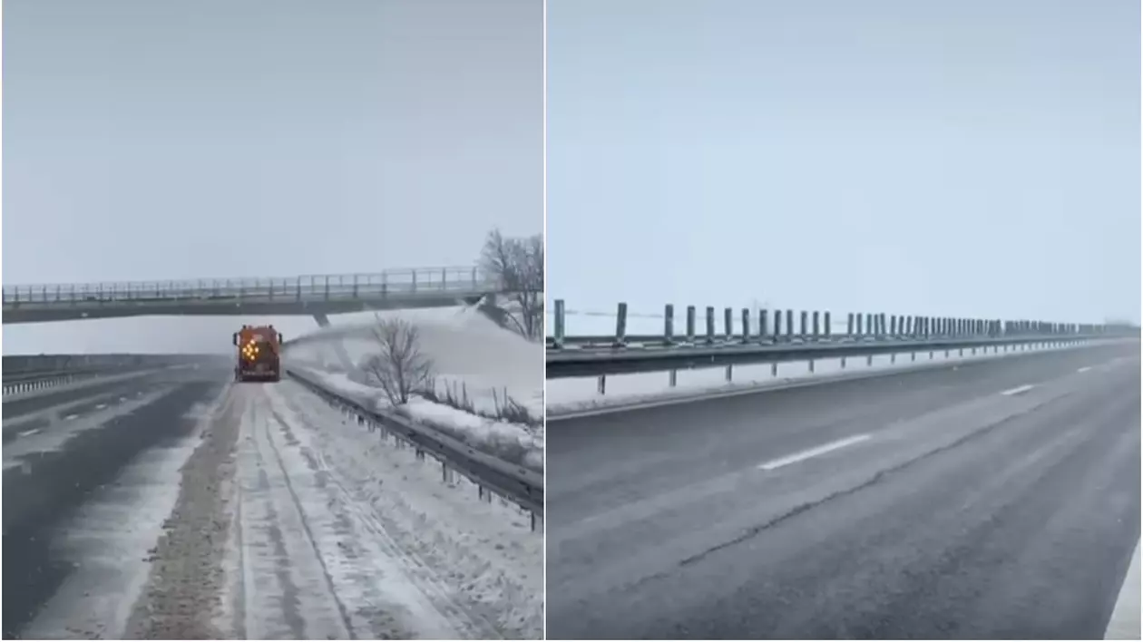 colaj foto fotografii autostrada acoperita de zapada in prima imagine o autospeciala care dezapezeste drumul