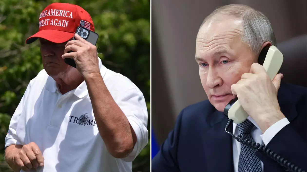 colaj imagini Donald Trump, cu o șapcă roșie MAGA și un tricou alb, vorbind la telefon (stânga) și Vladimir Putin, îmbrăcat la costum, vorbind la un telefon fix alb (dreapta)