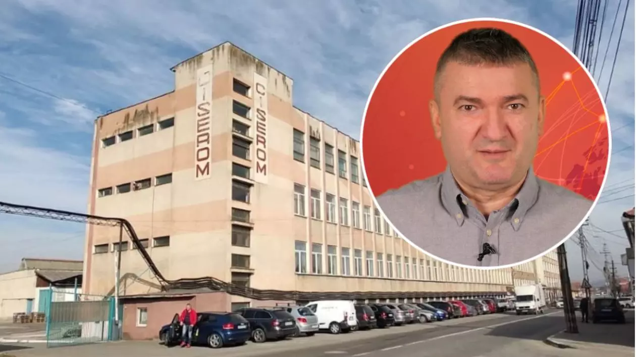 Imagine creativă cu sediul fabricii Cesarom din Sebeș și Dorin Chioțea, prezentatorul emisiunii 5 știri by Libertatea - Actualitate.