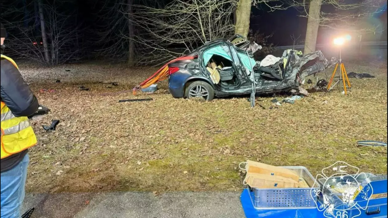 Mașina neagră BMW distrusă, după ce a fost lovită și a intrat în doi copaci, pe un câmp din Germania. Poliția este la locul accidentului