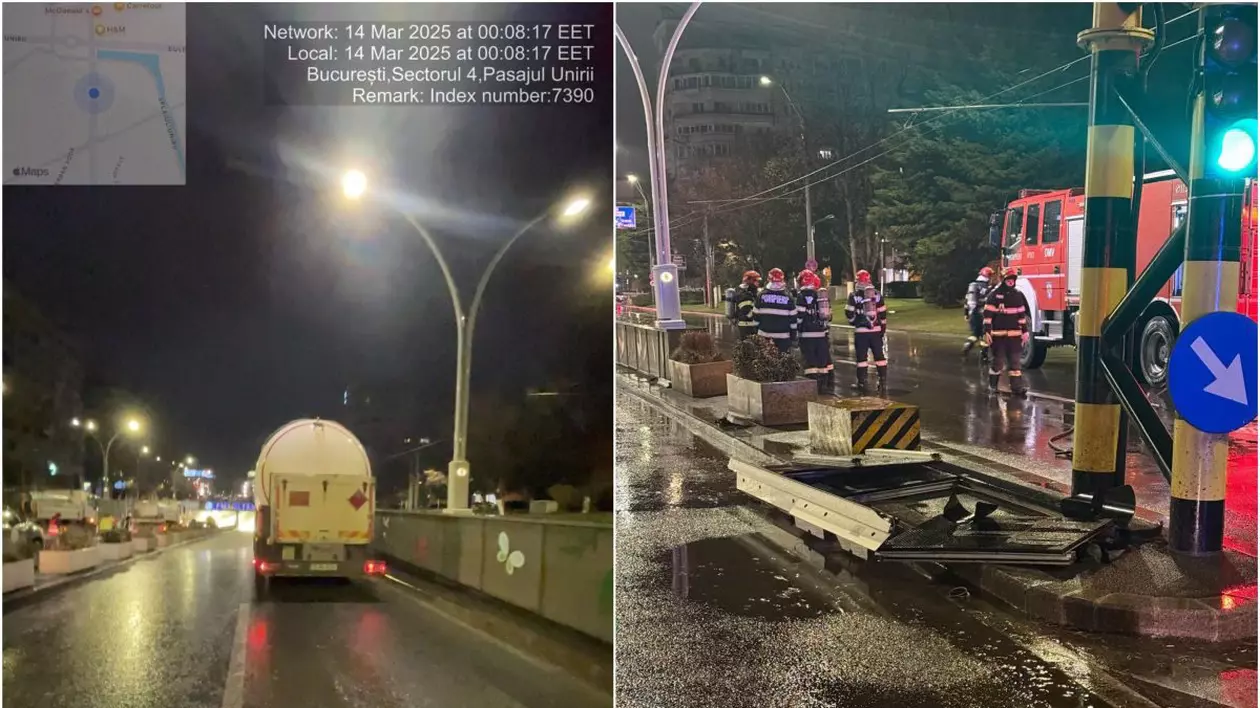O cisternă plină cu GPL, filmată pe camere, a încercat să intre în Pasajul Unirii, dar s-a oprit în poarta de gabarit, București, 14 martie 2025