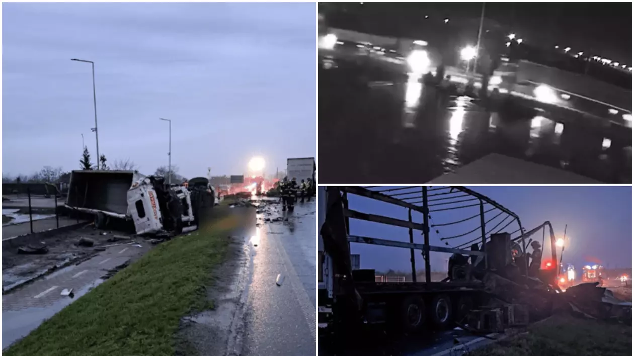 Imaginea prezintă trei fotografii care ilustrează un accident rutier grav, un TIR ars și imagini de pe camerele de supraveghere