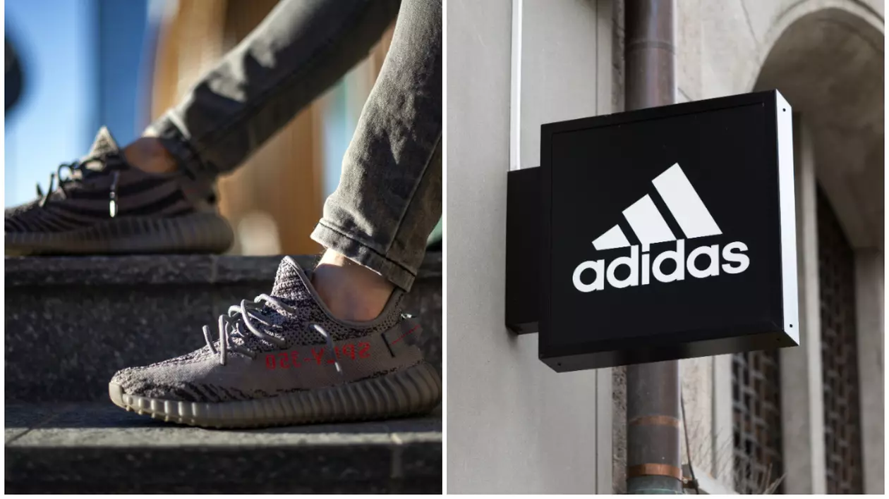 O pereche de pantofi sport Yeezy și sigla Adidas