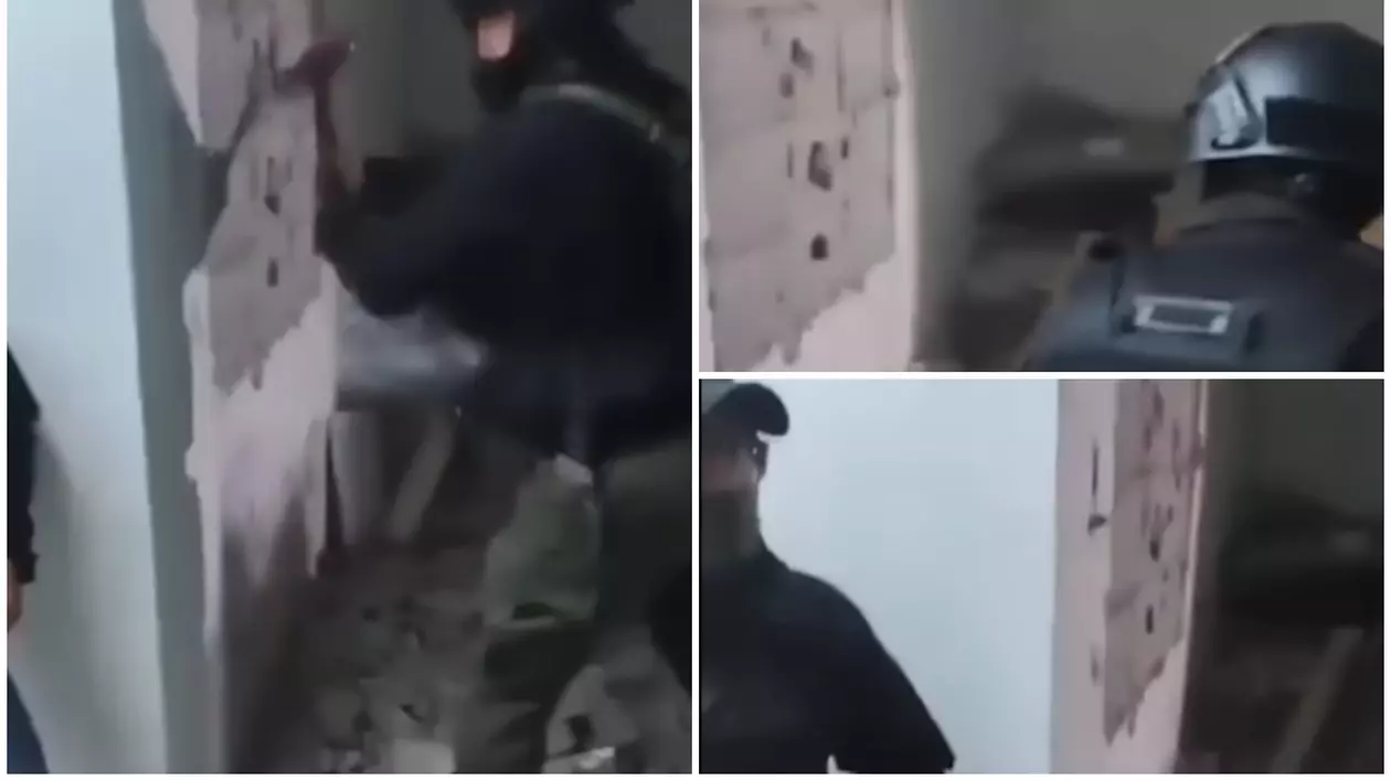 Polițiștii în timp ce sparg zidul unde se află adolescentul