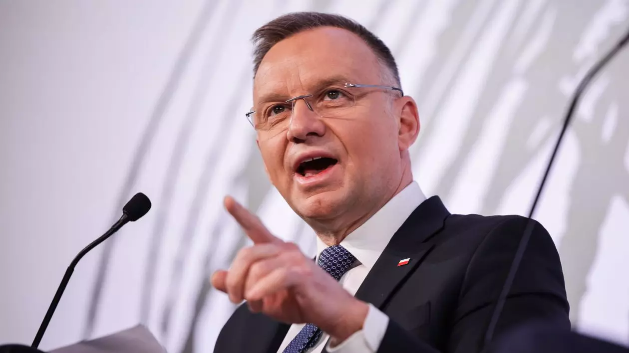 Președintele polonez Andrzej Duda vorbește la un eveniment din cadrul reuniunii anuale 2024 a Forumului Economic Mondial de la Davos