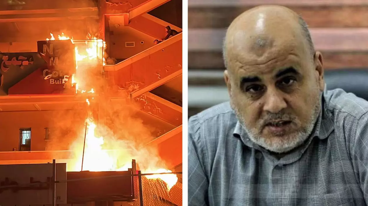 in stanga spitalul Nasser in flăcări in dreapta liderul Hamas Ismail Barhoum
