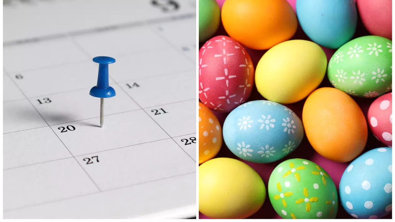 Partea stângă prezintă o pagină de calendar cu un ac de birou albastru fixat pe data de 20. Partea dreaptă conține ouă de Paște colorate