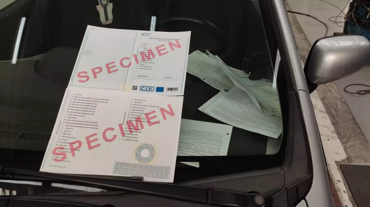carte de identite a masinii pusa in parbrizul unei masini gri