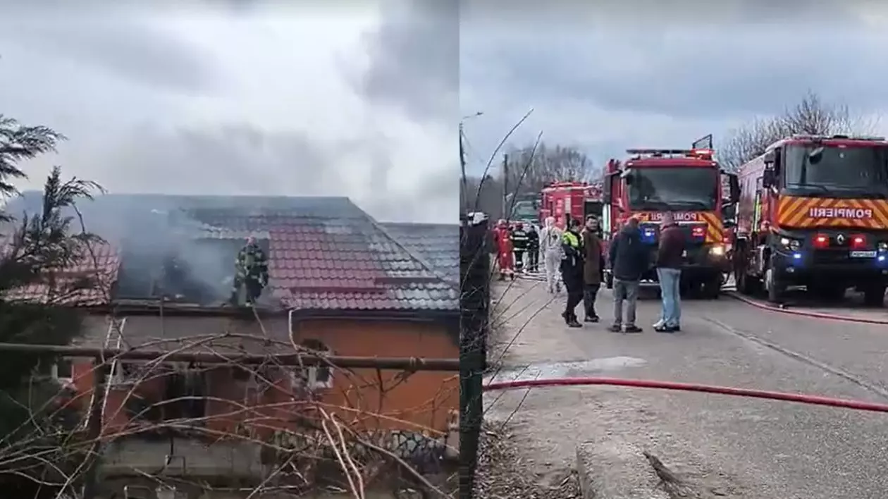 Casa procurorului Mitrana a fost cuprinsă de flăcări, pmpierii incearcă să stingă focul cu mai multe autospeciale, oamenii stau să privesc