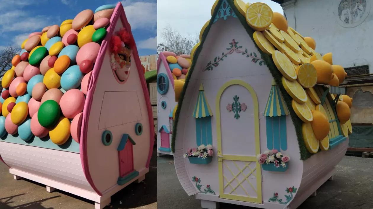 Căsuțe colorate, decorate cu bomboane uriașe și felii de lămâie supradimensionate