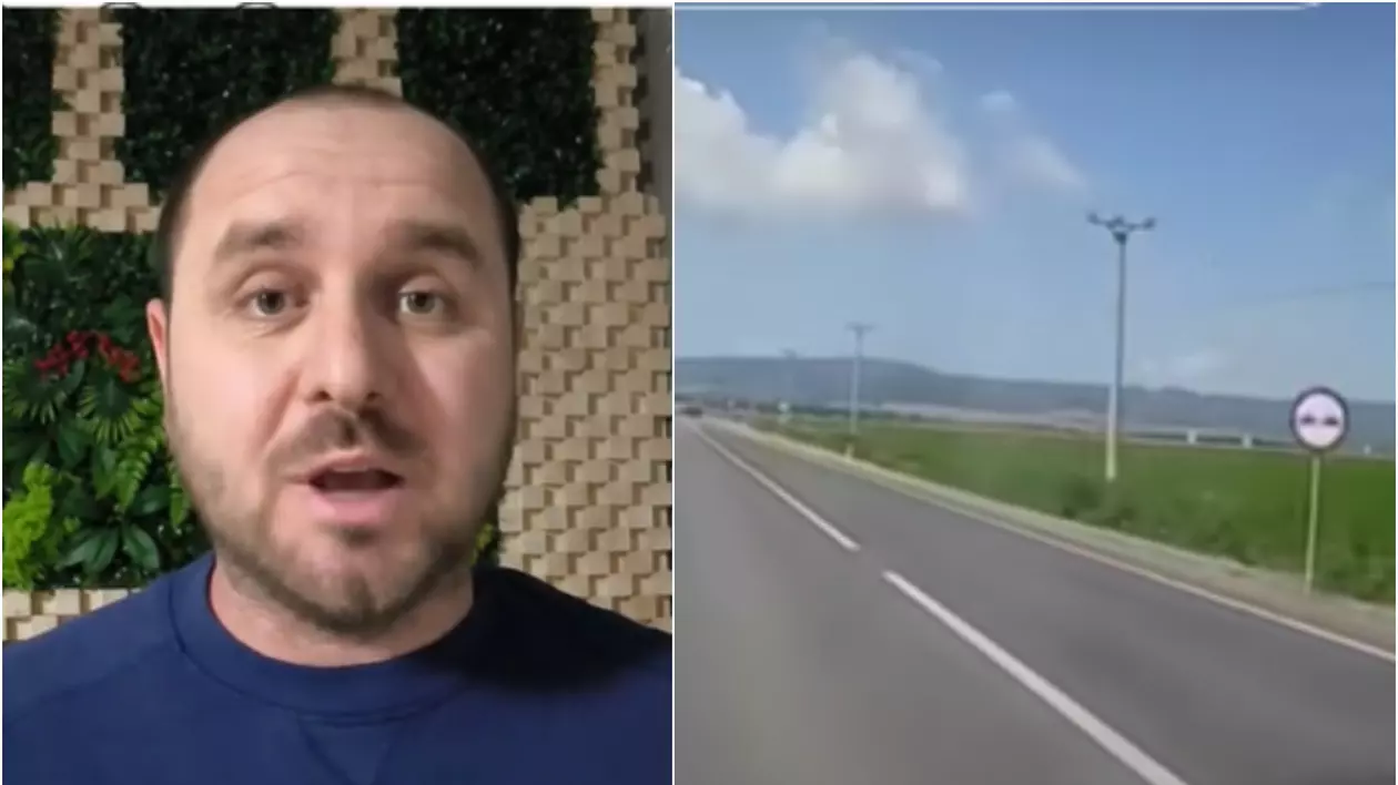 colaj foto cu politistul taci pertea imbracat cu o bluza albastra, in stanga o fotografie cu un drum cu linie continua si un indicator rutier care arata depasirea interzisa