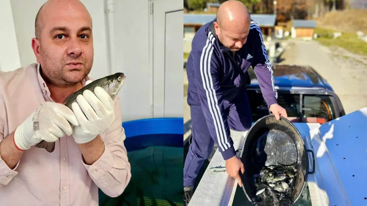 un bărbat care tine un pește in mână