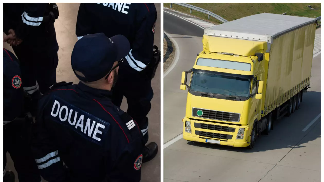 În partea stângă sunt bărbați îmbrăcați în uniformă. Unul dintre ei poartă șapcă și ochelari. În partea dreaptă este un TIR galben, aflat în mișcare