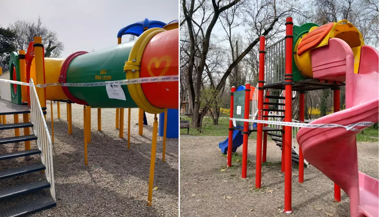 bandă ANPC plasată pe tobogane în Parcul Herăstrău