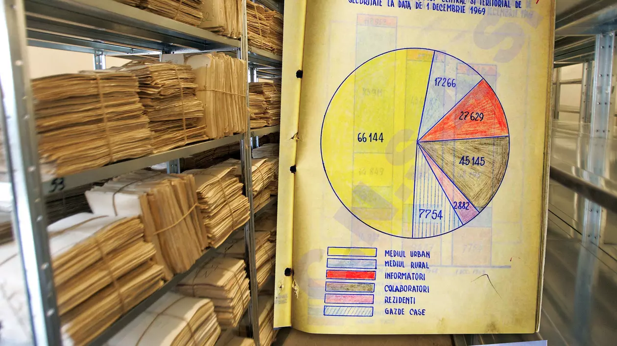 O ziarista incearca sa identifice un titlu de dosar, joi 10 martie 2005, in incinta depozitului in care au fost depozitate primele 5 tone de documente ale fostei Securitati, documente predate de SRI, catre CNSAS, Colegiul National de Studiere a Arhivelor Securitatii.