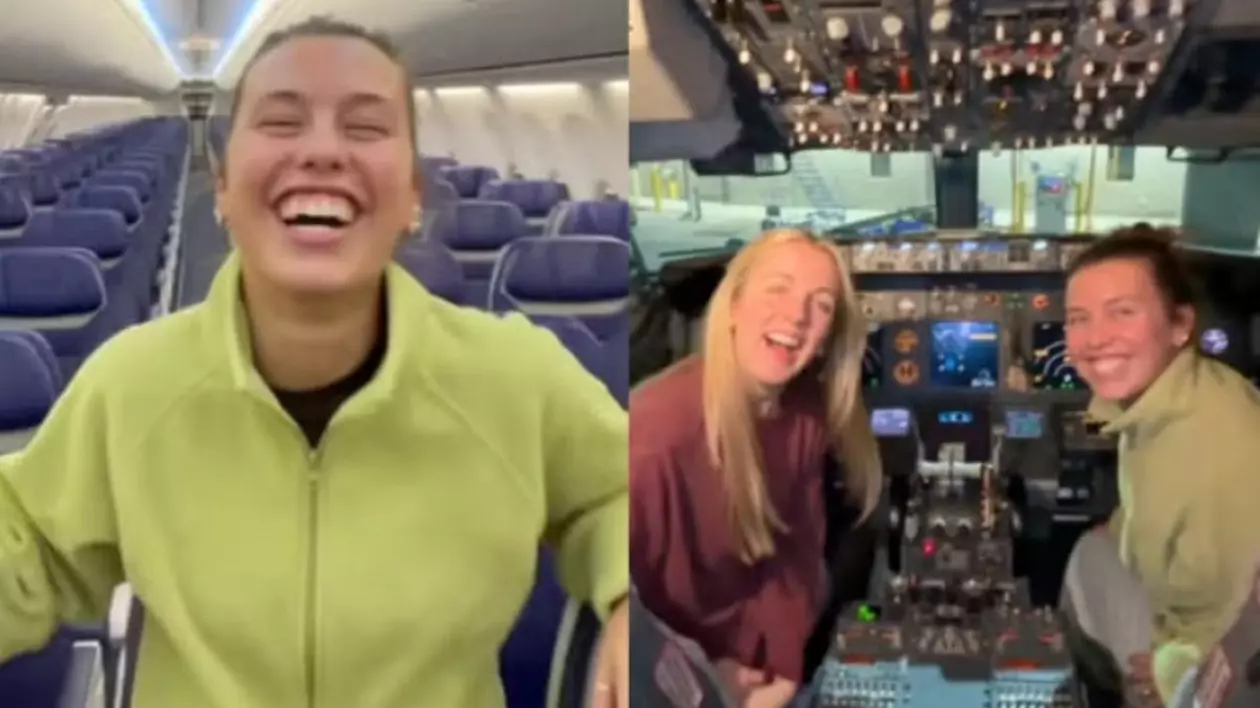 Două femei s-au trezit că sunt singurele pasagere dintr-un avion, au primit bilete VIP și au ajuns și în cabina aparatului de zbor. Foto: TikTok/natalie.wolfley