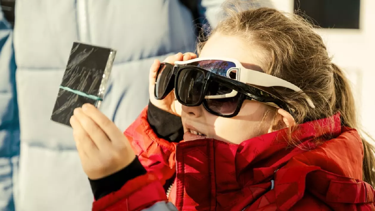 Eclipsă parțială de Soare – 29 martie 2025 - Imagine cu un copil care priveşte la o eclipsă de soare prin trei perechi de ochelari şi un filtru de lumină