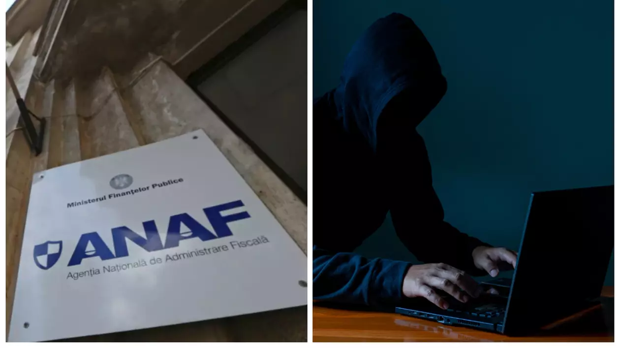 În partea stângă este ilustrat un panou alb pe care scrie ANAF, iar în partea dreaptă este un bărbat cu hanorac pe cap, care tastează pe un laptop