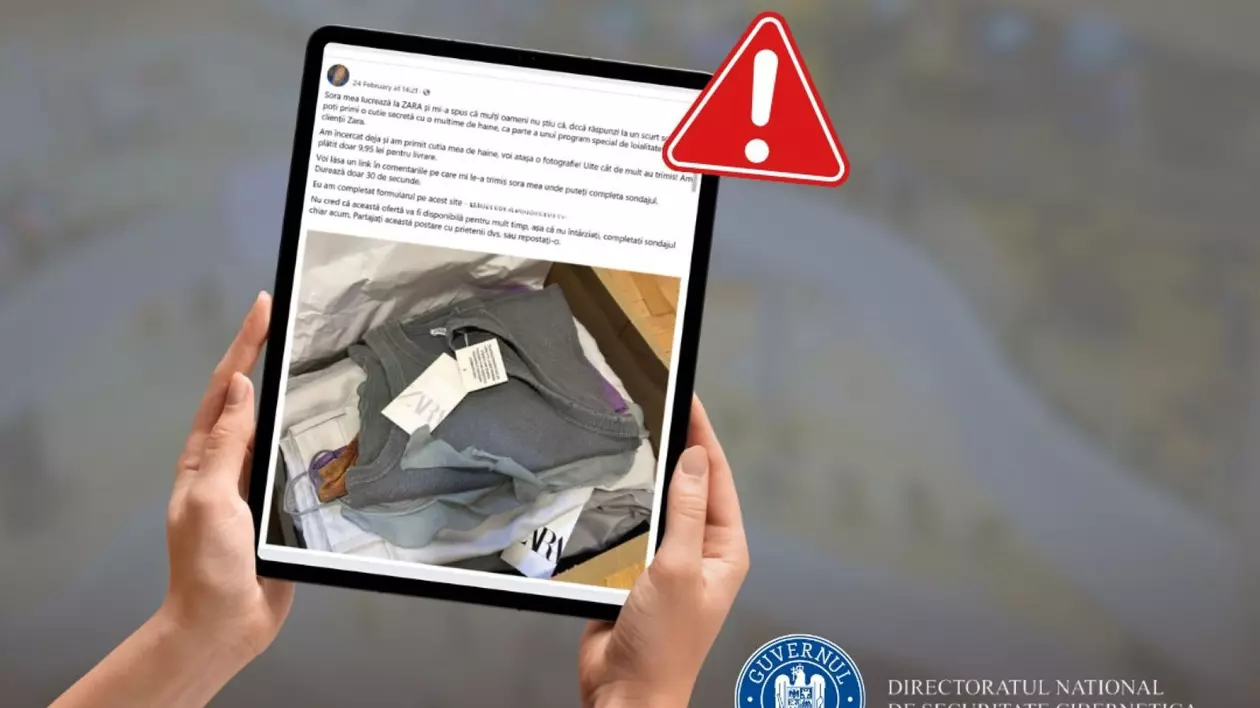 Poză cu o persoană care ține în mâini o tabletă pe ecranul căreia este afișată o postare cu păcăleala „cutia secretă” cu haine de la ZARA