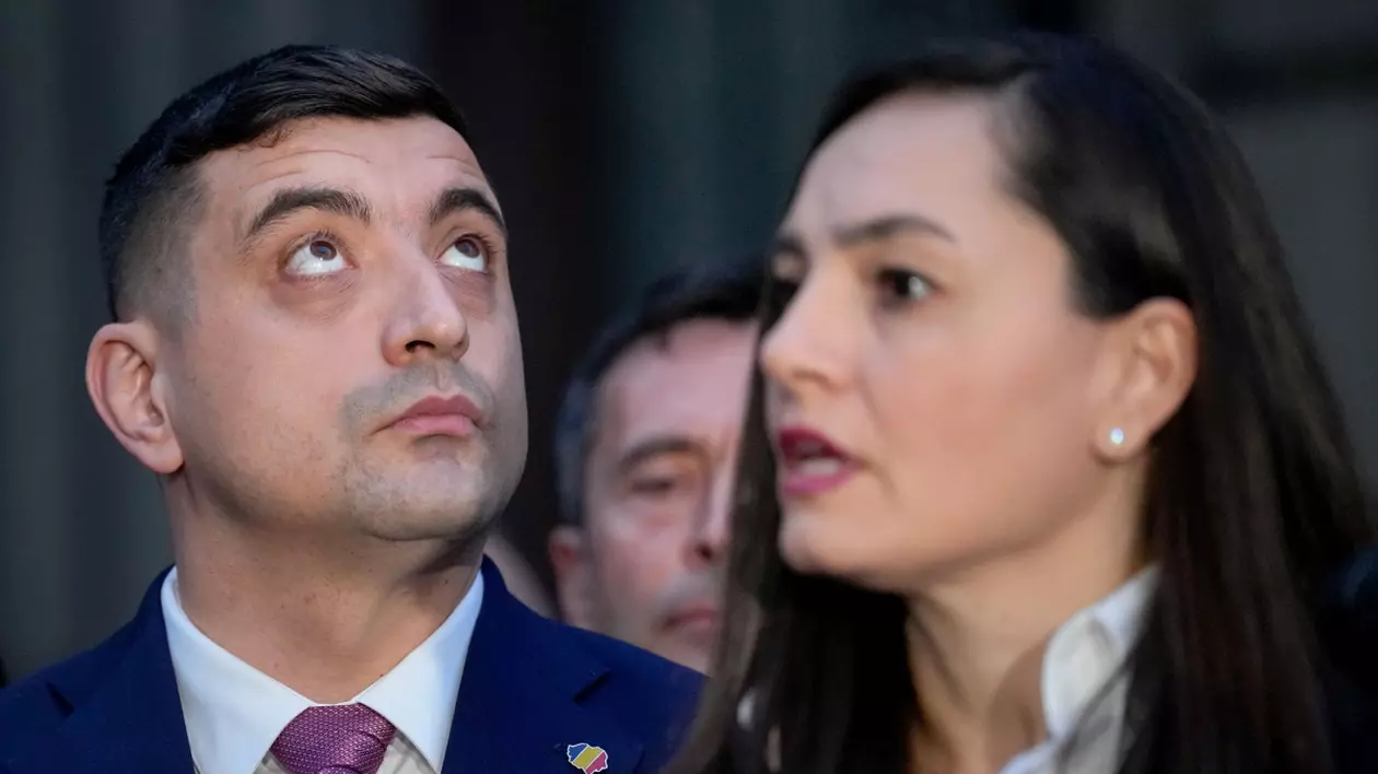 george simion, liderul partidului aur, si anamaria gavrila, lidera partidului pot. simion se uita in sus si gavrila vorbeste