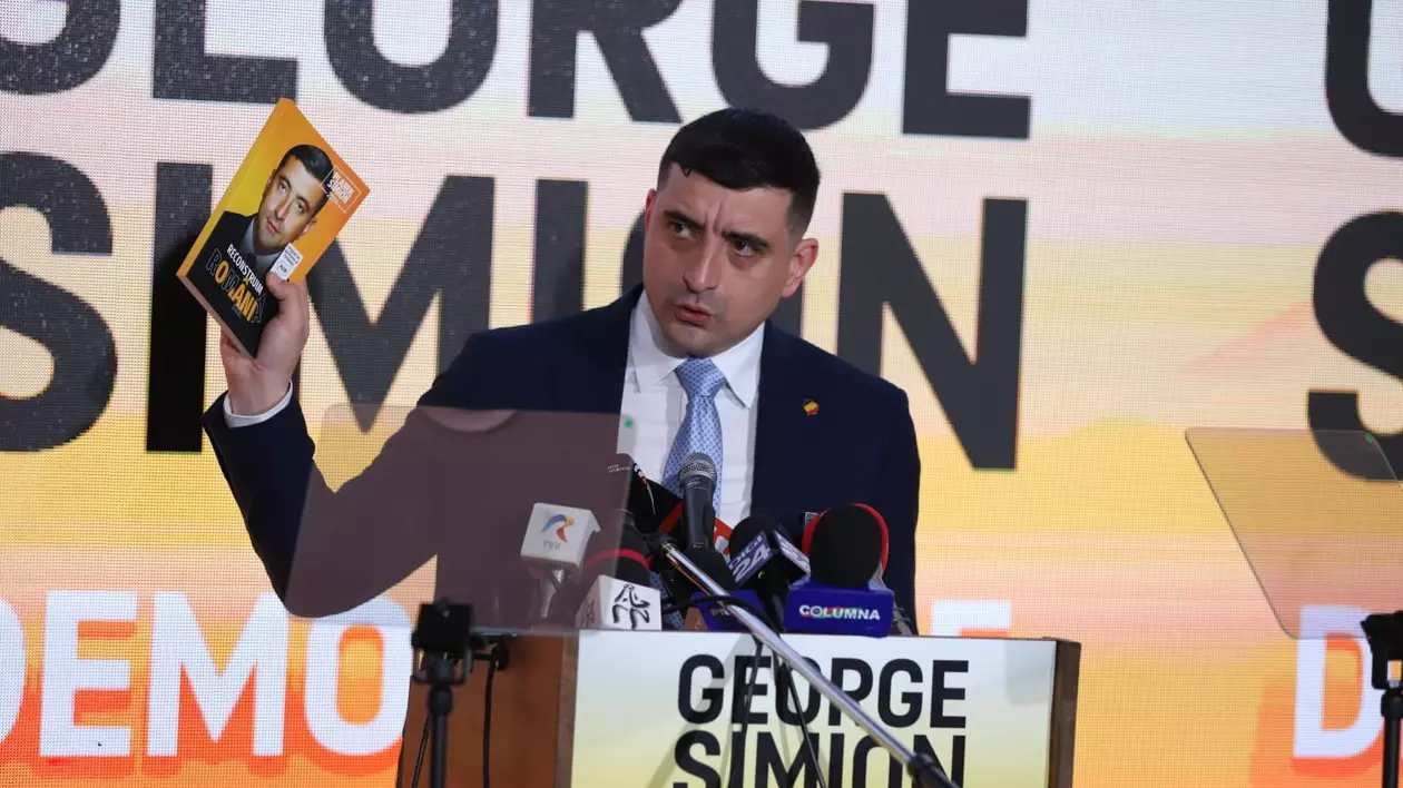 George Simion surprins în timp ce ține o mână ridicată, în care are o carte, la depunerea candidaturii la prezidențiale.