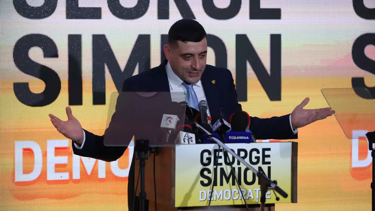 George Simion surprins în timp ce face declarații, după ce și-a depus candidatura la alegerile prezidențiale 2025.