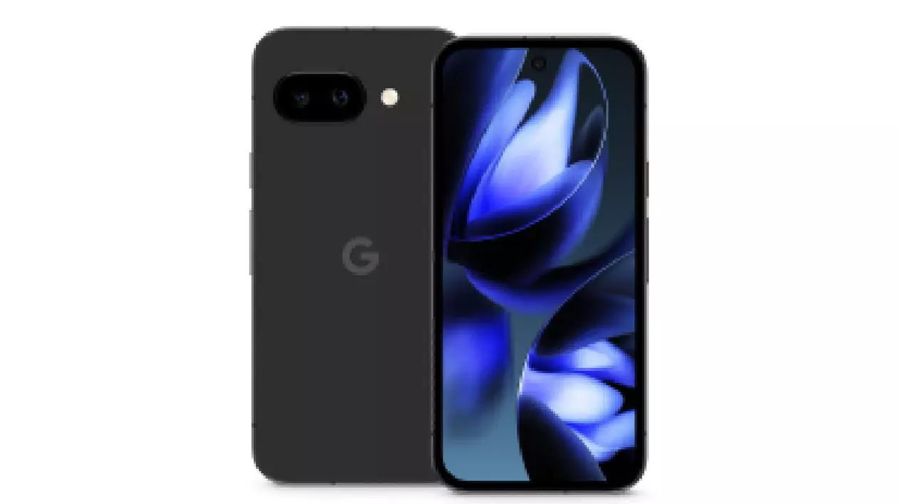 Poză de prezentare cu noul telefon Google Pixel 9a, din față și din spate, în culoarea negru.