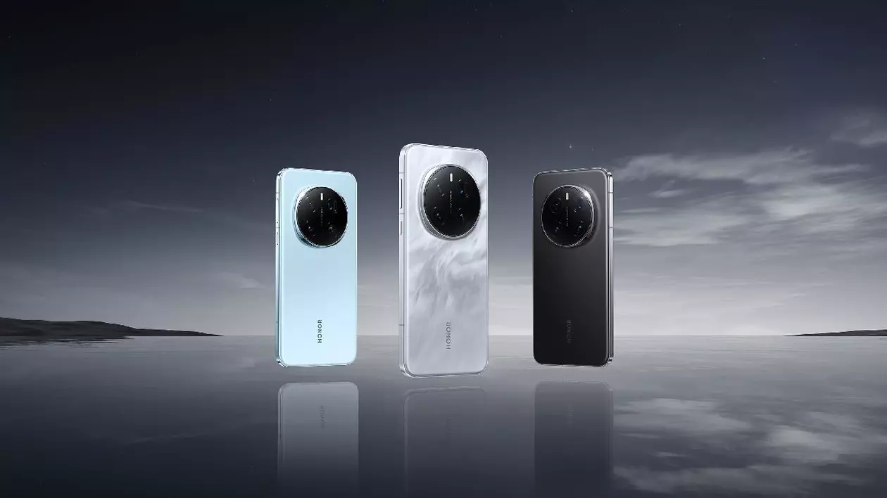 Imagine de prezentare cu Honor Magic7 Pro, în culorile albastru, gri și negru.