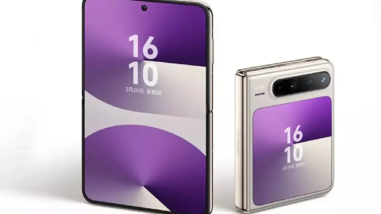 Poză de prezentare cu noul Huawei Pura X, telefon reprezentat în format pliat și depliat.