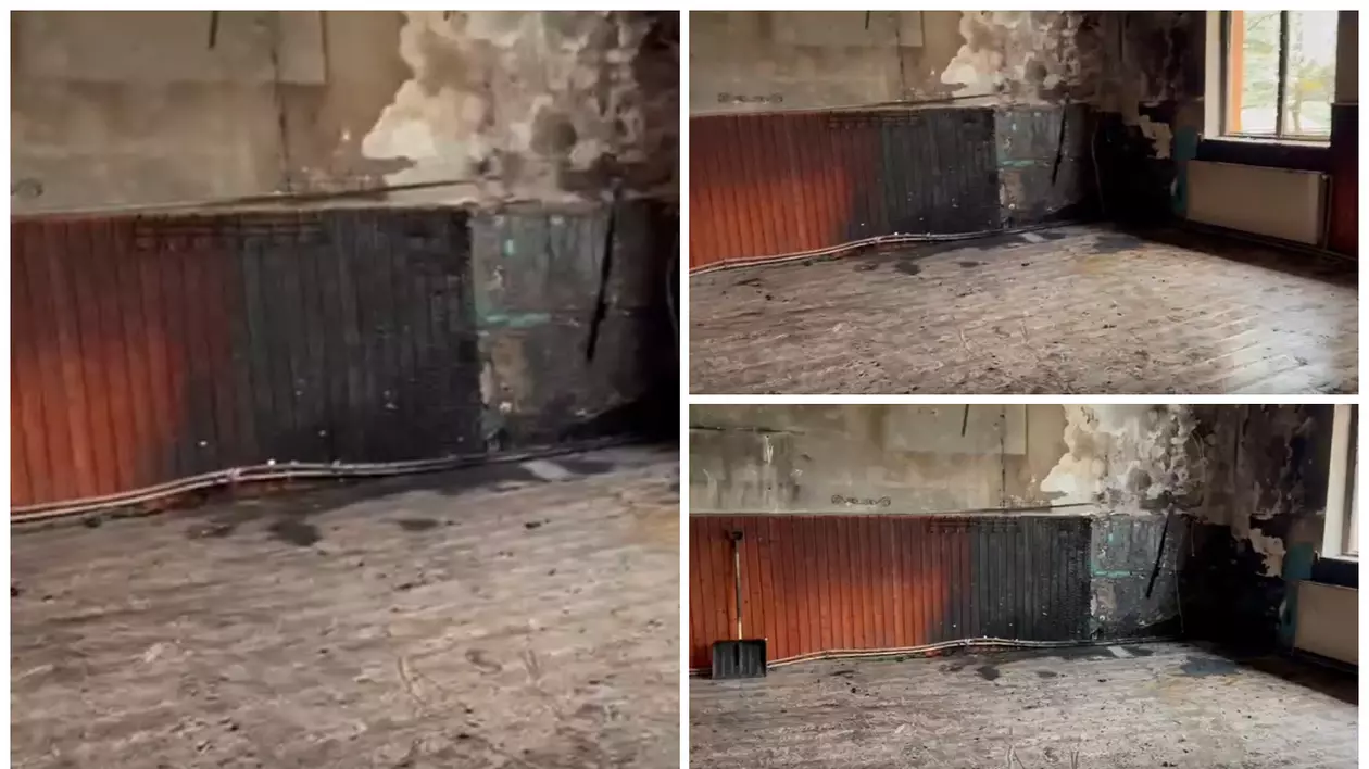 În imagine sunt ilustrate fotografii cu o sală în care a avut loc un incendiu