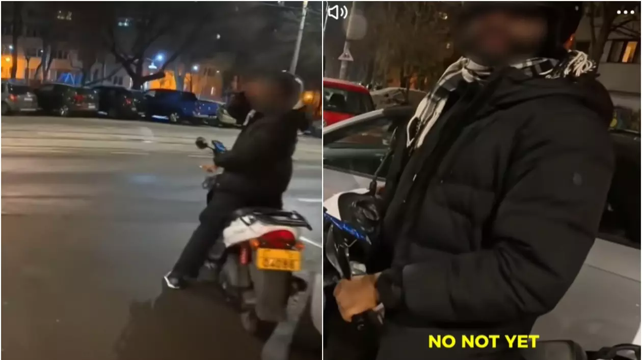 colaj foto cu un livrator asiatic imbracat cu o geca neagra si casca de protectie pe cap, in timp ce sta pe un motoscuter intr-o intersectie din bucuresti
