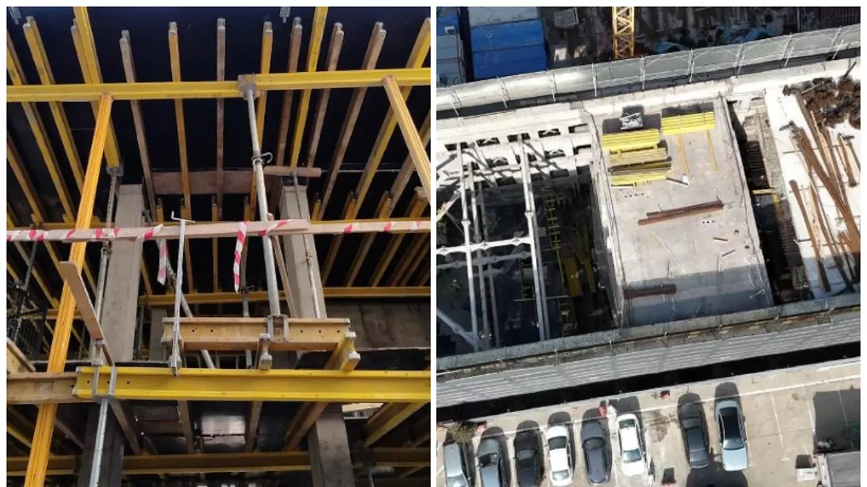 În stânga, se poate observa o vedere de la nivelul solului, unde sunt vizibile elemente structurale din beton și schele metalice sprijinite de grinzi galbene. În dreapta, imaginea aeriană surprinde o vedere de sus a aceluiași șantier.