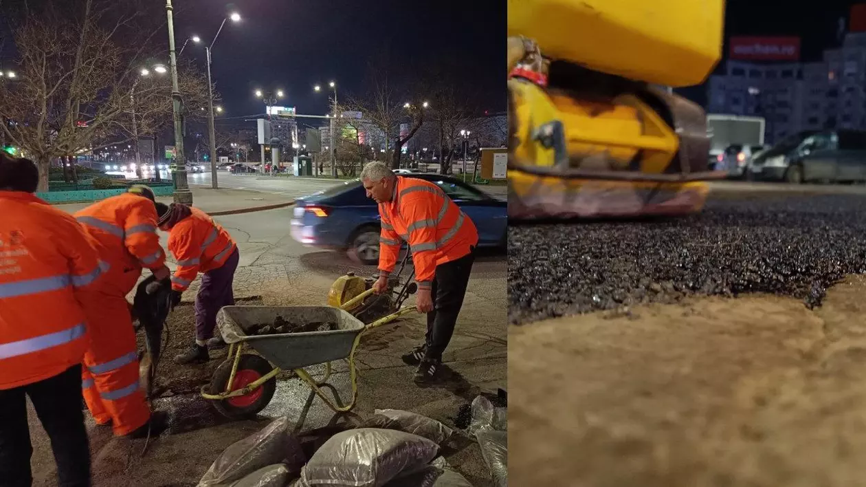 Mai mulți bărbați, cu veste protocalii, lucrează pentru repararea gropilor din asfalt - Bucuresti