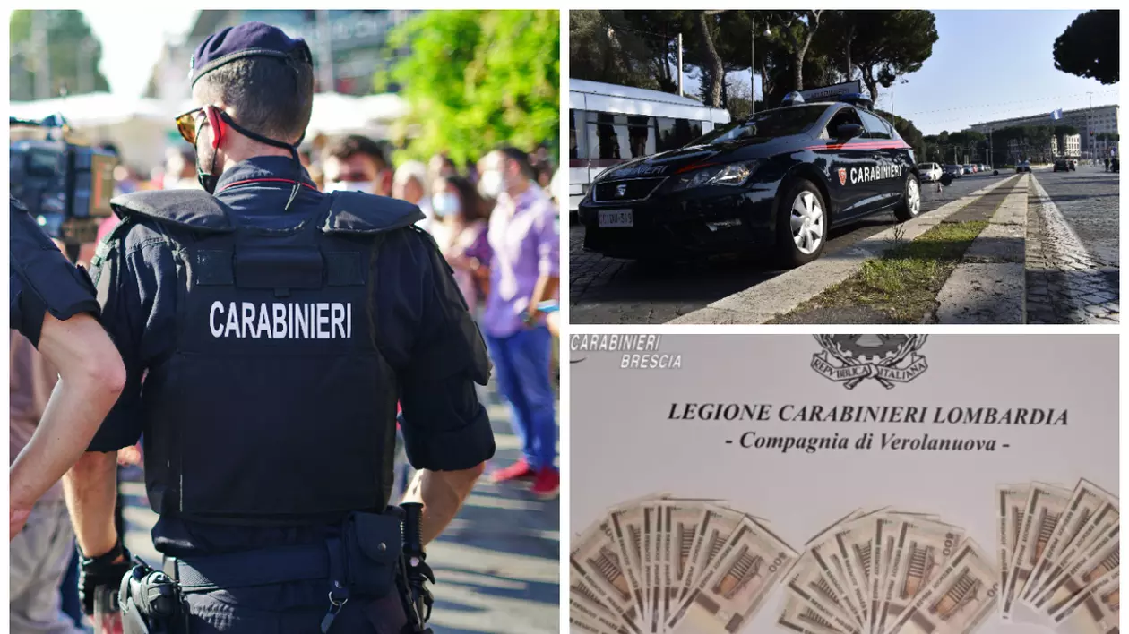 În imagine sunt trei imagini care ilustrează o mașină de carabinieri, un ofițer și bancnote vechi