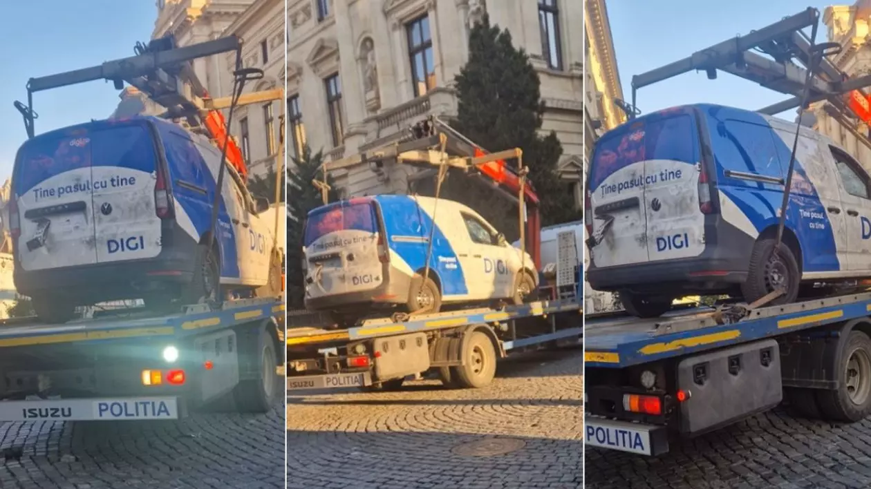 Colaj foto cu trei cadre în care apare mașina Digi, distrusă la protestul din București, pe platforma unei mașini ce aparține Poliției Române