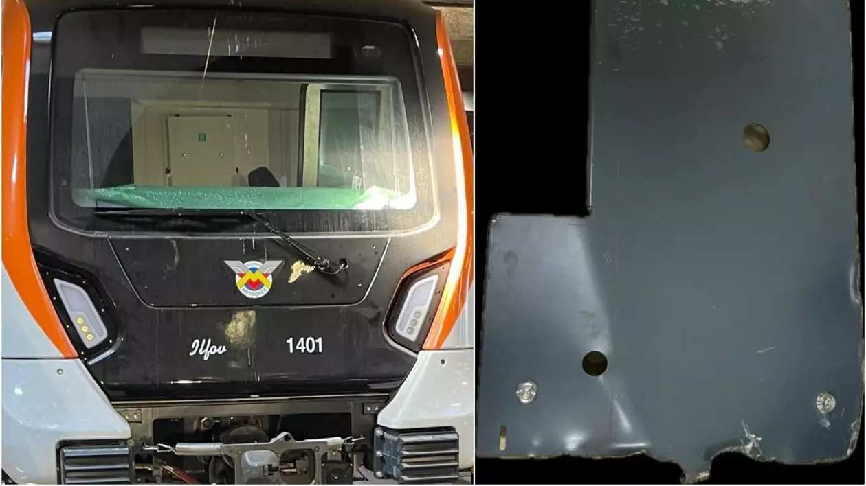 Un tren de metrou Alstom/Ilfov și piese componente care s-au desprins în timpul testelor, martie 2025