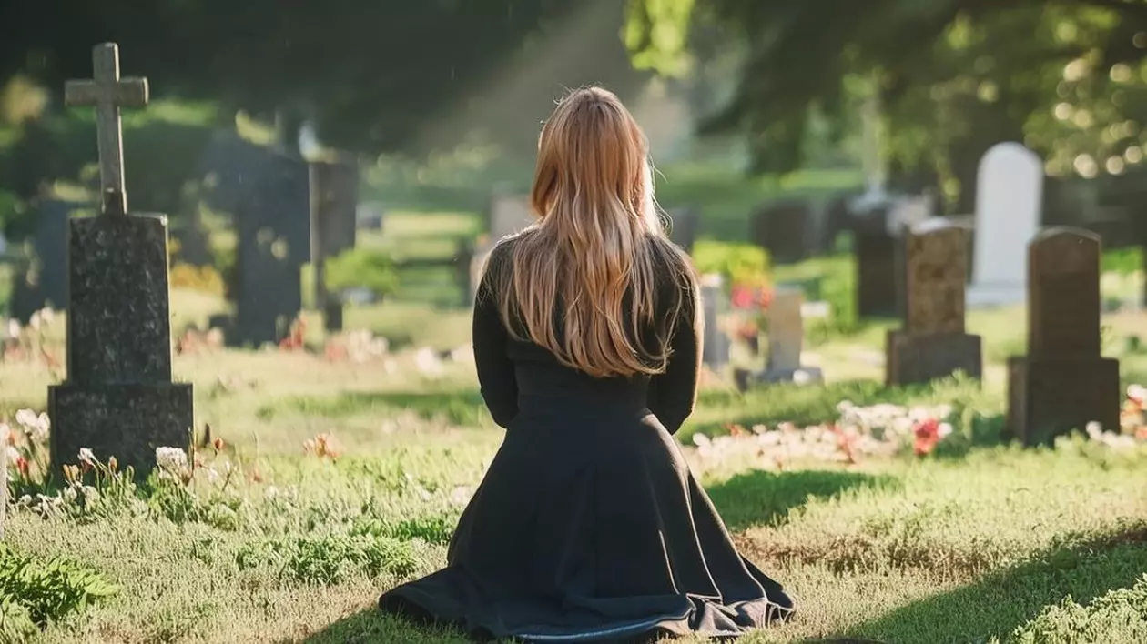 O femeie stă în genunchi într-un cimitir și se uită la morminte. Scena este sumbră și reflexivă