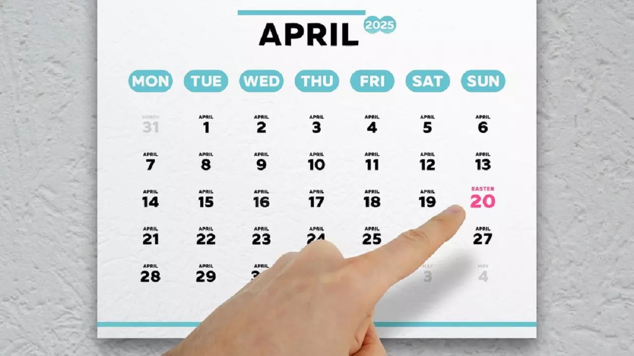 Calendar ortodox luna aprilie 2025 - ce sărbători religioase sunt în aprilie - Imagine cu arătătorul unui bărbat îndreaptat către data de 20 aprilie din calendar, când este sărbătorit Paştele.