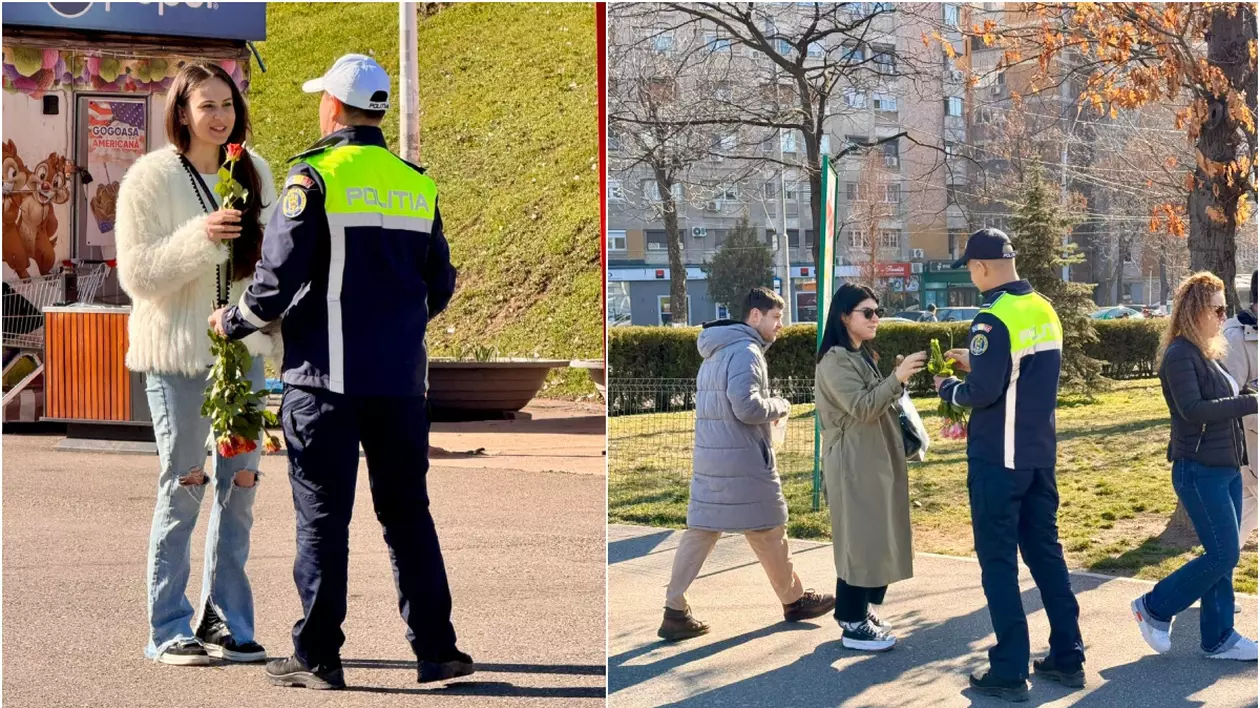 colaj foto doua fotografii cu agenti de politie care impart flori pentru doamne si domnisoare in parcul tineretului din bucuresti