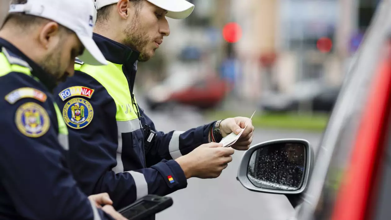 doi politisti imbracati in uniforma in dreptul unei masini oprite in trafic, unul dintre agenti tine in mana persmisul si actele persoanei oprite