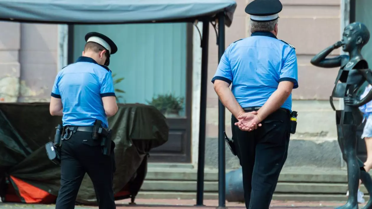 Doi polițiști în uniformă cu mânecă scurtă, fotografiați în timp ce merg cu spatele