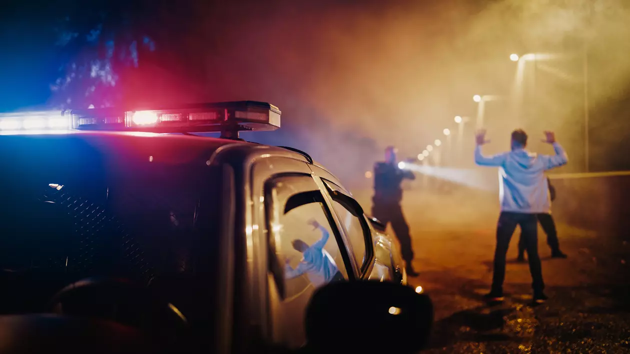 Polițiști opresc o persoană în fundal cu lanternele ațintite asupra sa. În prim plan se văd luminile unei mașini de poliție