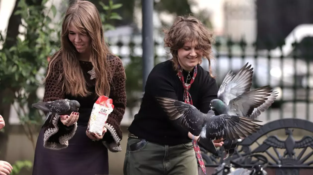Două fete tinere dau de mâncare porumbeilor, iar aceștia au venit la ele, astfel că fiecare are în mână o pasăre care mănâncă din palmă, într-un parc din București, într-o zi caldă de primăvară