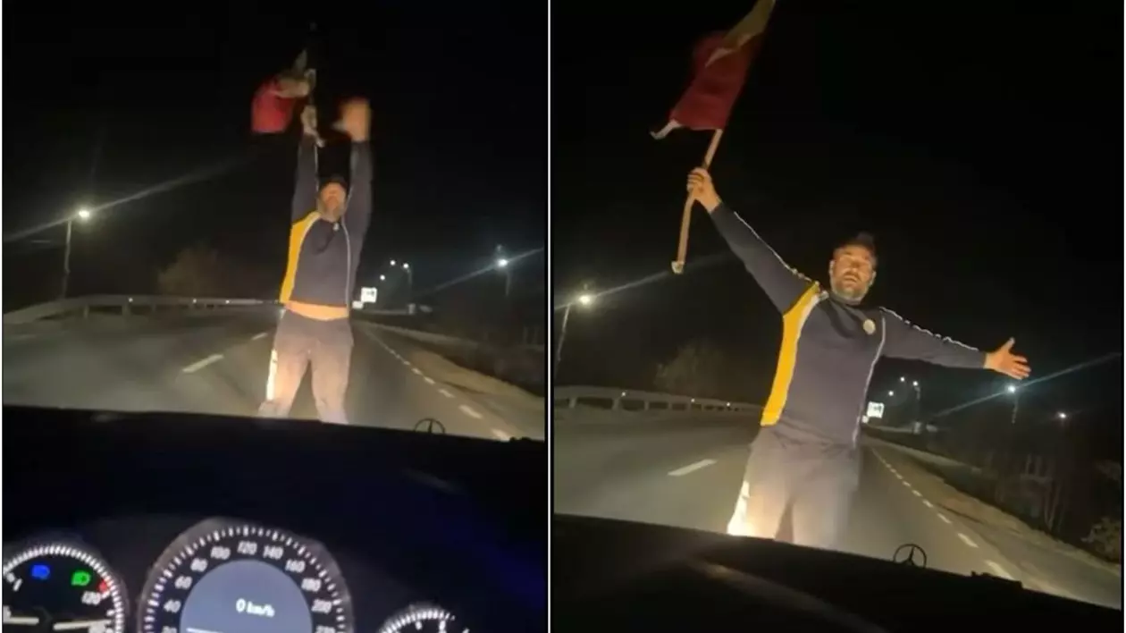 Un protestatar pro-Georgescu, îmbrăcat în trening, a blocat drumul unui șofer din Vaslui, duminică seara, 9 martie 2025
